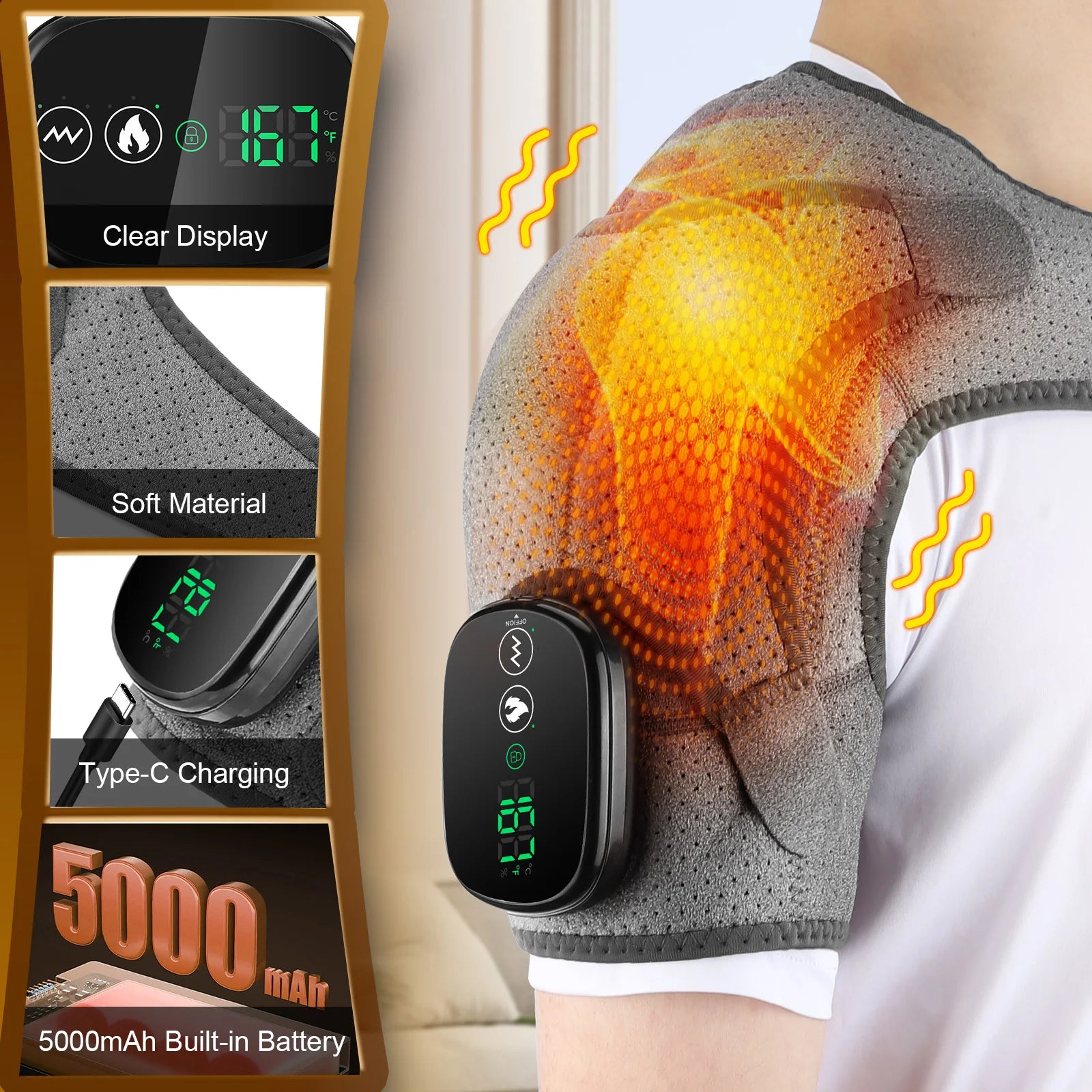 Heating Vibration Massager Shoulder Pad Red Light Hot Compress Neck & Shoulder Support with 3‑Speed Massage and 5000mAh Battery