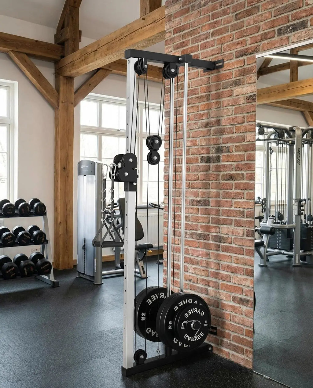 Wall Mount Cable Station Dual Pulley Cable Crossover Machine LAT Pulldown Bar and Foot Board for Home Gym Strength Training
