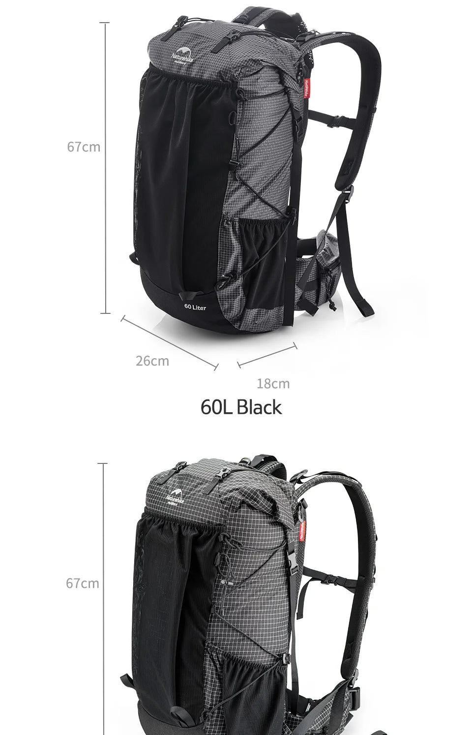 Outdoor Mountain Backpack 60+5L Waterproof High Capacity Sports Climbing Hiking Travel Bag with Rain Cover