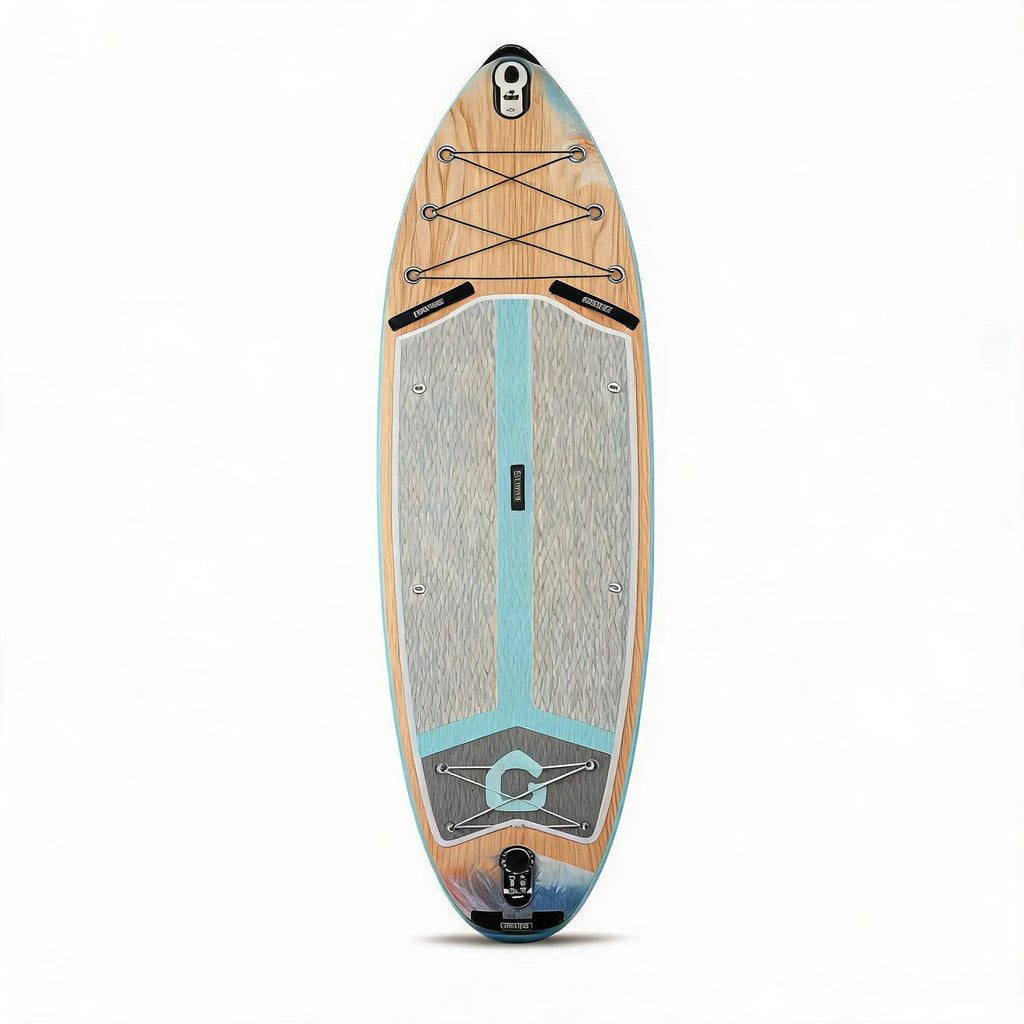 Inflatable Stand Up Paddle Board with Stable Non‑Slip EVA Deck, Gradient Light Wood‑Grain Design, Tri‑Fin System, High Weight Capacity, and Complete Kit with Paddle, Backpack, and Pump