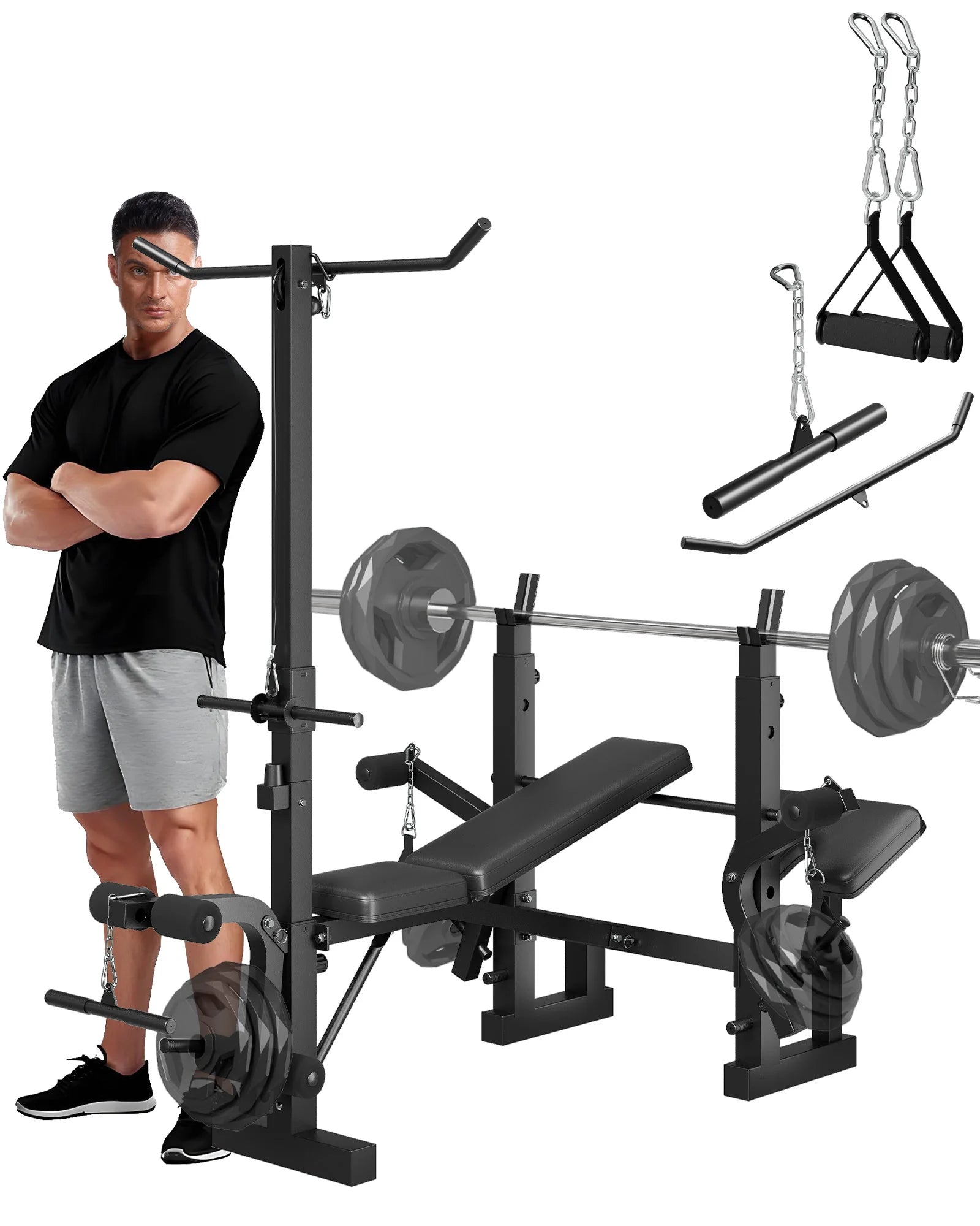 Adjustable 4 in 1 Weight Bench Set with Leg Developer Barbell Rack Butterfly Arm Preacher Foldable Workout Bench for Home Gym