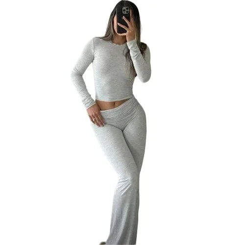 Autumn New Round Neck Short Fit Long Sleeve T Shirt Mildly Spicy Pants Casual Sports Yoga Two Piece Set Women’s Fashion