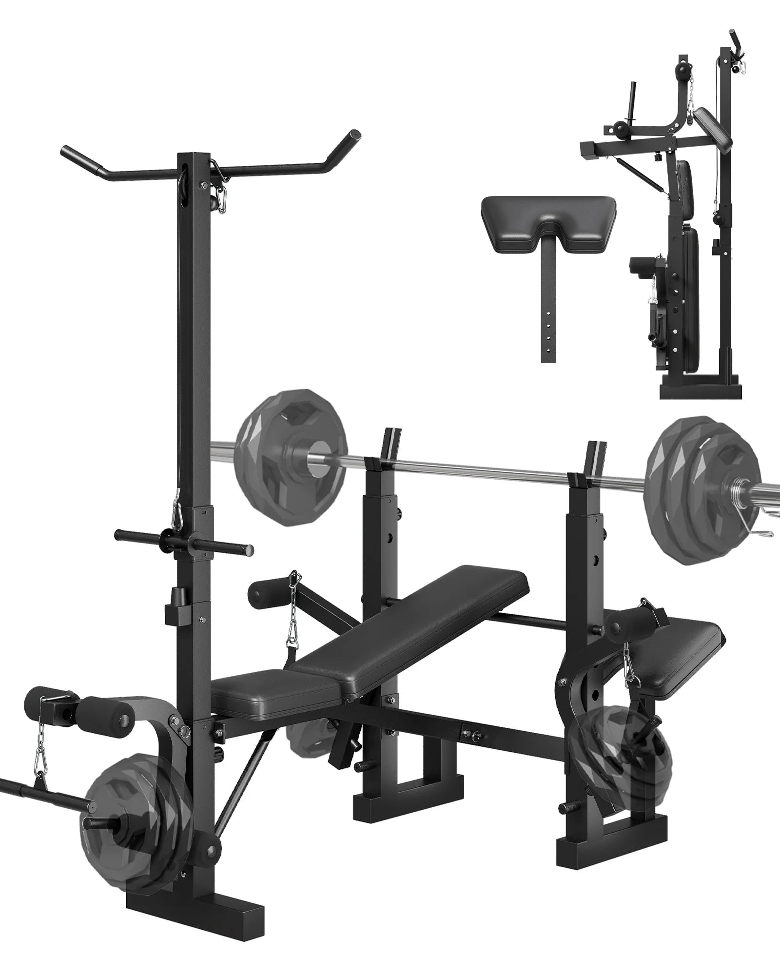 Adjustable 4 in 1 Weight Bench Set with Leg Developer Barbell Rack Butterfly Arm Preacher Foldable Workout Bench for Home Gym