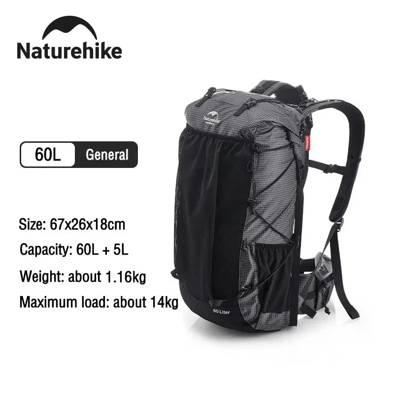 Outdoor Mountain Backpack 60+5L Waterproof High Capacity Sports Climbing Hiking Travel Bag with Rain Cover