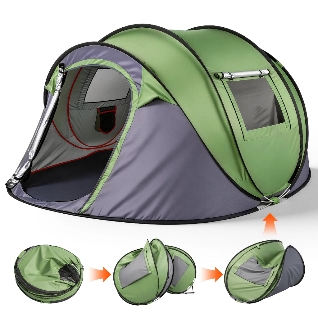 4 Person Pop Up Camping Tent Instant Setup Waterproof Family Tent with Front Awning Automatic Throw Pop Up Tent 280x200x120cm Green Outdoor Hiking Beach Backpacking Tent 3 to 4 People