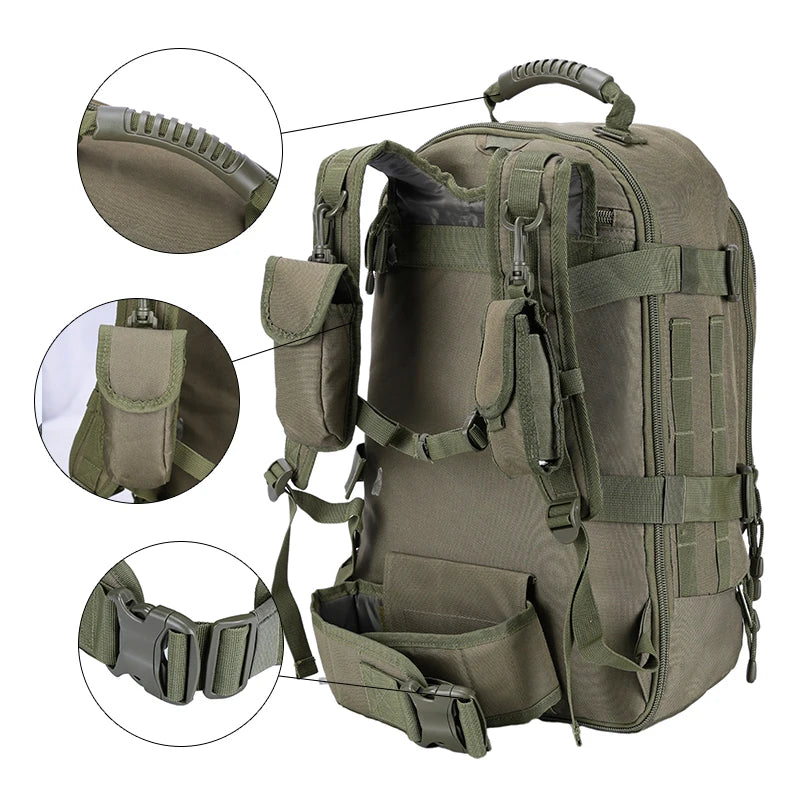 60L Men’s Tactical Travel Backpack, Expandable Hiking and Camping Pack, Army‑Style MOLLE 3‑Day Assault Rucksack
