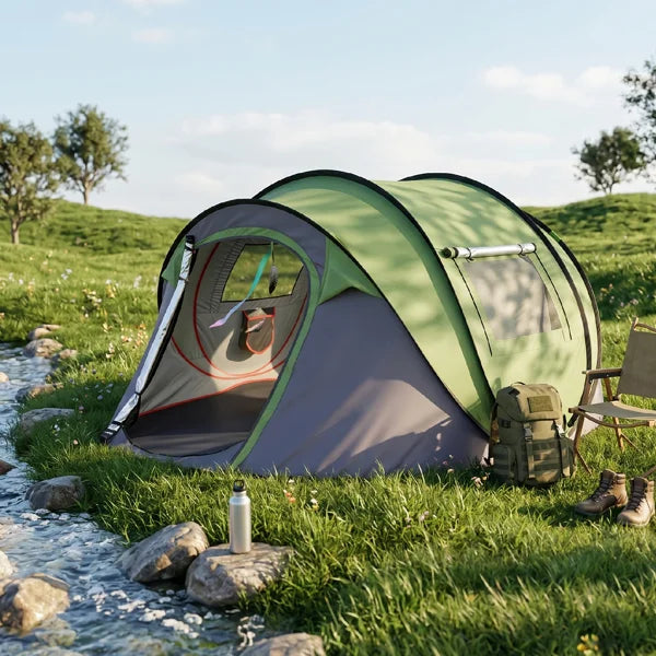 4 Person Pop Up Camping Tent Instant Setup Waterproof Family Tent with Front Awning Automatic Throw Pop Up Tent 280x200x120cm Green Outdoor Hiking Beach Backpacking Tent 3 to 4 People