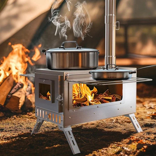Hot Tent Stove, Wood Burning Stove, Portable Wood Stove with 6 Stainless Steel Chimney Pipes for Outdoor Heating and Cooking