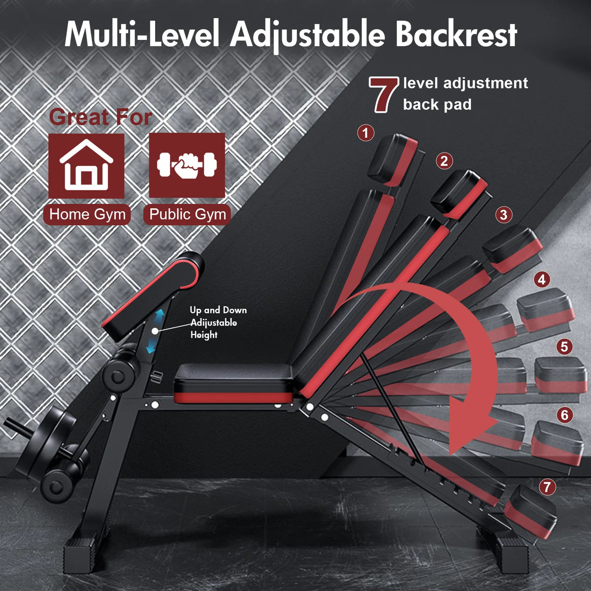 7 Level Foldable Weight Bench with Adjustable Leg Extension and Extended Headrest designed for Dumbbell Training and Full Body Strength Work