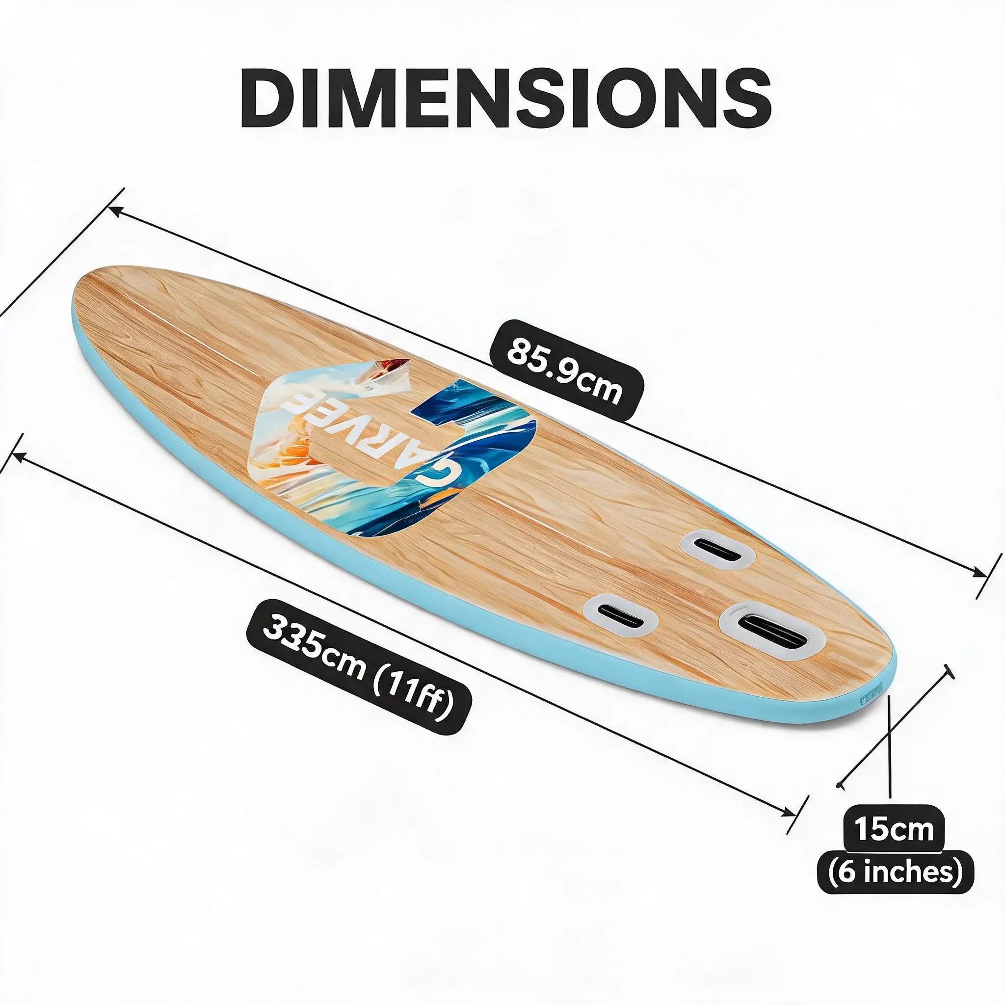 Inflatable Stand Up Paddle Board with Stable Non‑Slip EVA Deck, Gradient Light Wood‑Grain Design, Tri‑Fin System, High Weight Capacity, and Complete Kit with Paddle, Backpack, and Pump