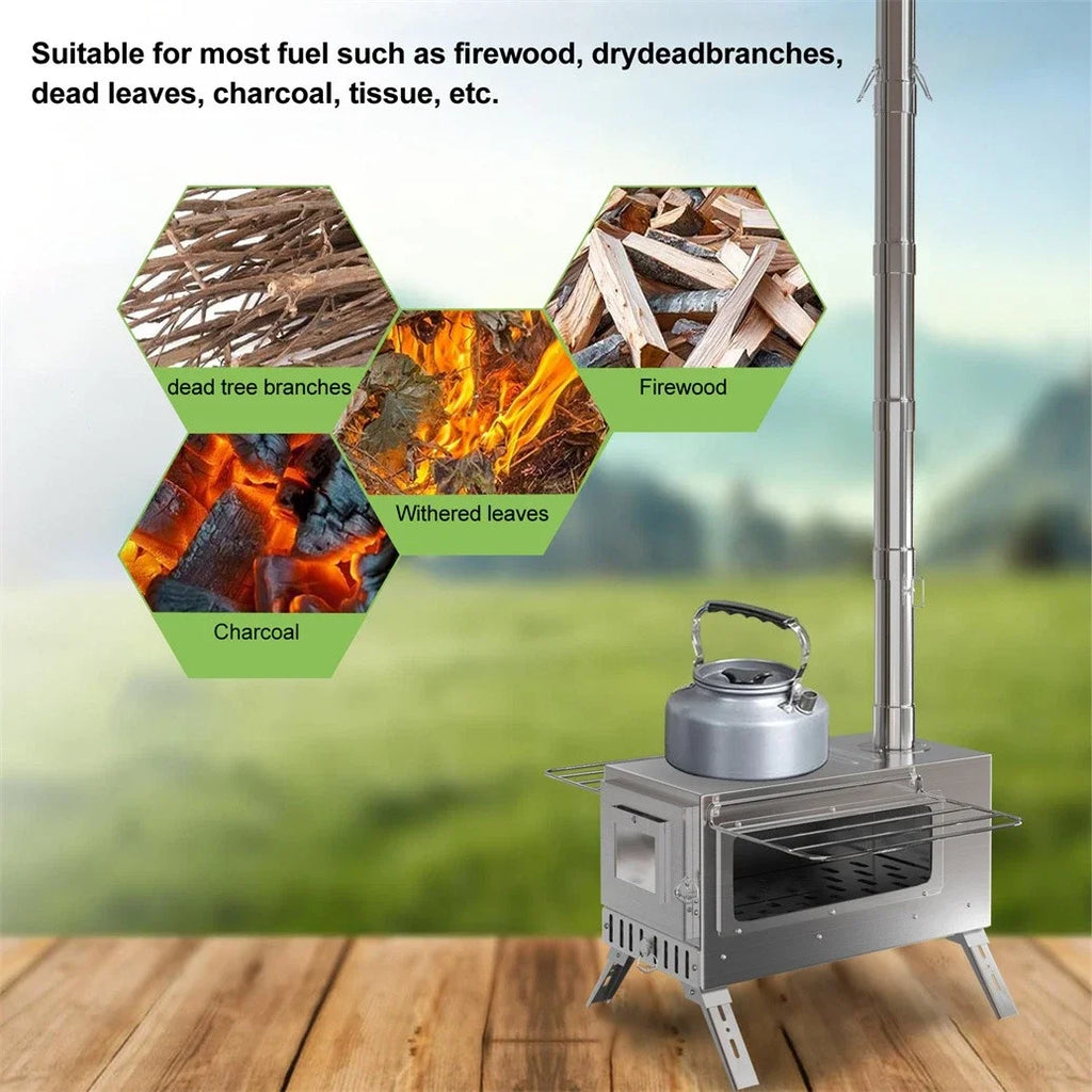 Hot Tent Stove, Wood Burning Stove, Portable Wood Stove with 6 Stainless Steel Chimney Pipes for Outdoor Heating and Cooking