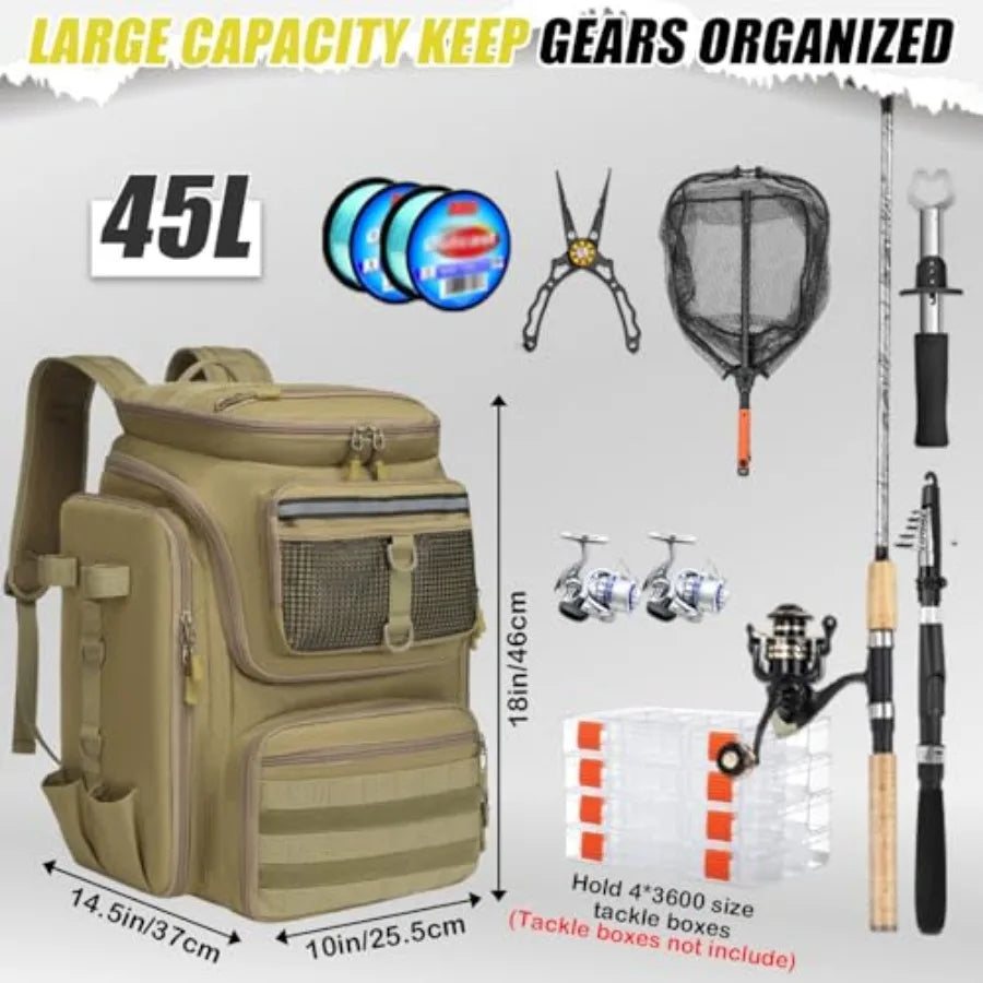 Fishing Backpack 45L Water Resistant Gear Bag with Rod Holders and Large Capacity for Travel and Outdoor Use