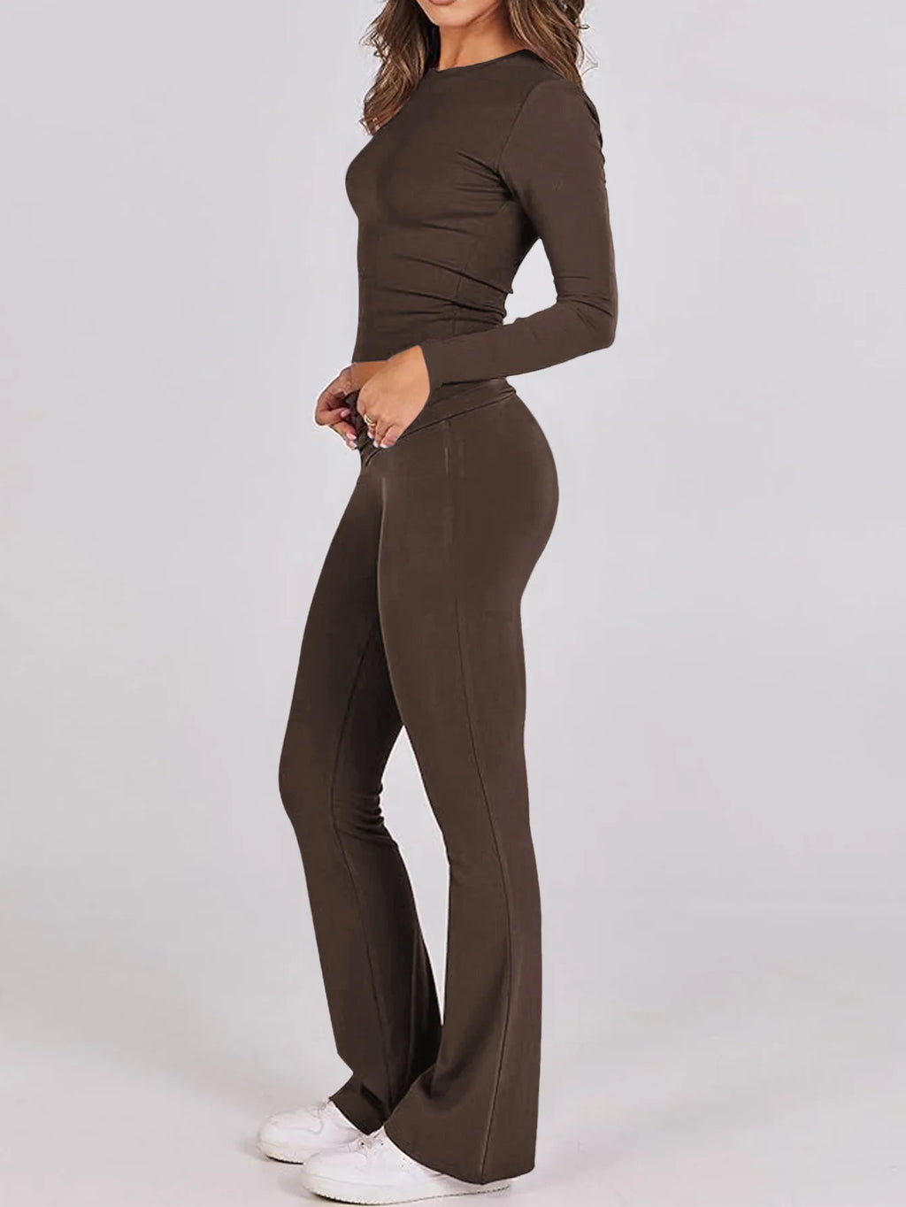 Women’s Casual Long Sleeve Knitted Pants Set Pure Color Slim Fit Spring Summer Fashionable Commute Style Ladies Suit