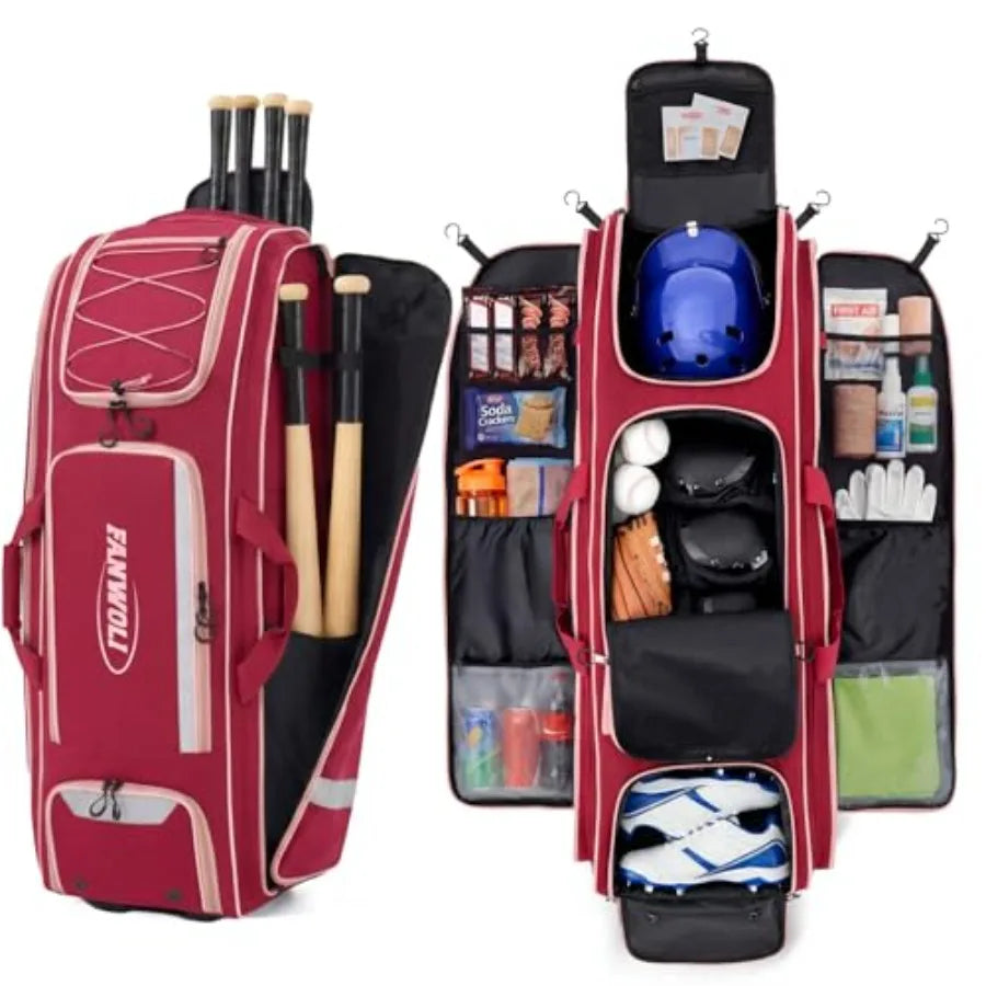 100L Rolling Baseball Catchers Gear Bag Large Softball Equipment Duffle with Wheels Locker Style Organizer with 5 Fence Hooks