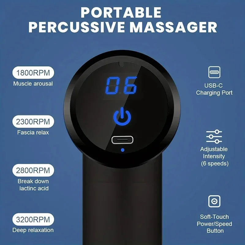 Fitness Hammer Compact Deep Tissue Massager – USB Rechargeable Fascia Gun with 4 Interchangeable Heads | Portable Muscle Massage Device for Pain Relief & Recovery