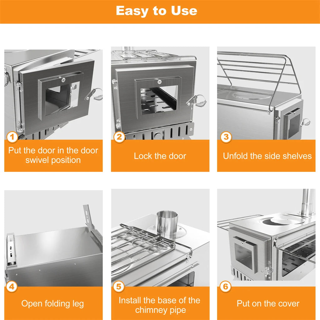 Hot Tent Stove, Wood Burning Stove, Portable Wood Stove with 6 Stainless Steel Chimney Pipes for Outdoor Heating and Cooking