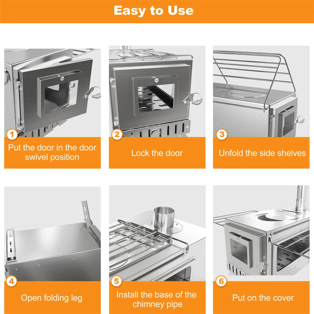 Hot Tent Stove, Wood Burning Stove, Portable Wood Stove with 6 Stainless Steel Chimney Pipes for Outdoor Heating and Cooking