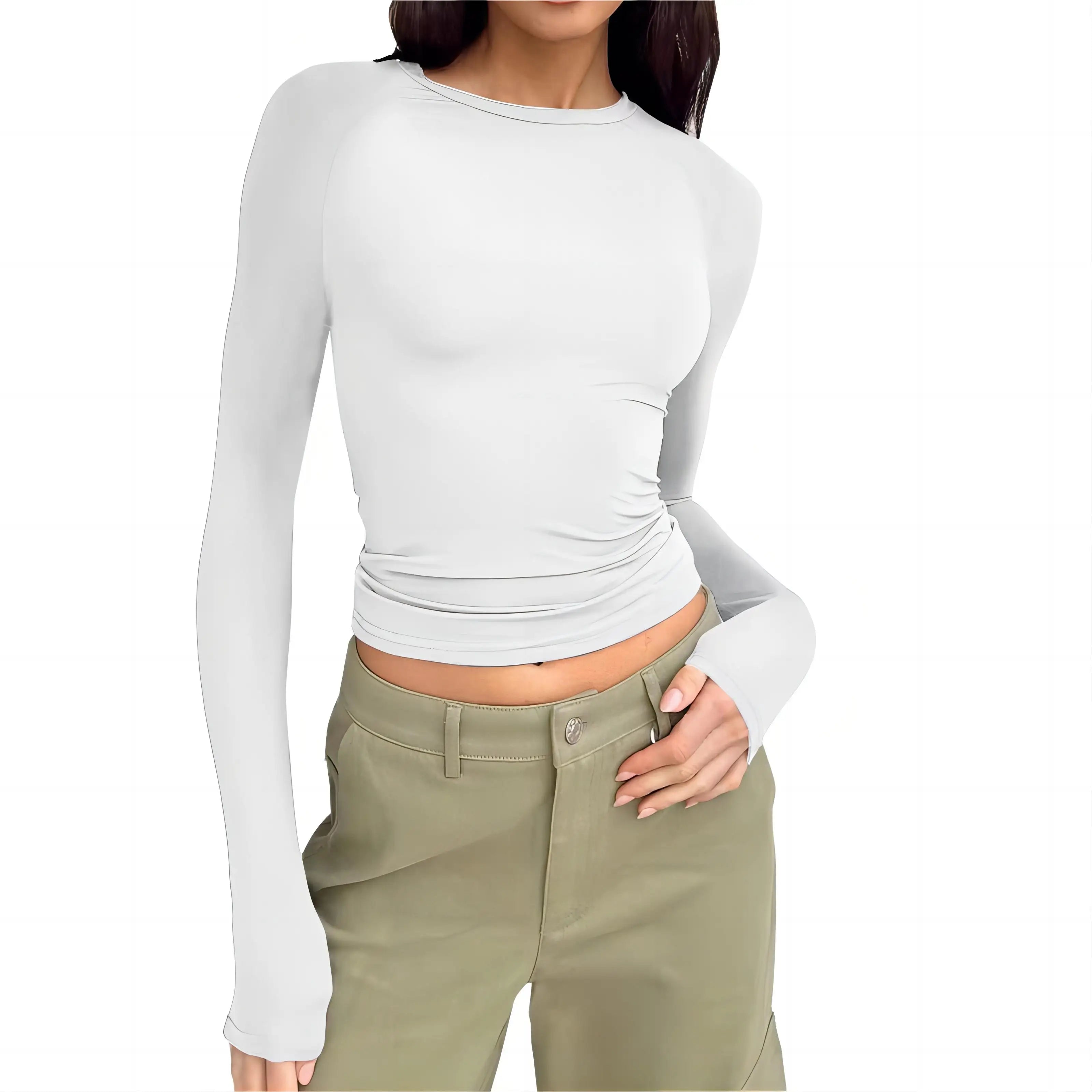 Womens Casual Sports Long Sleeve T Shirt Slim Fit Solid Color Top for Spring and Autumn