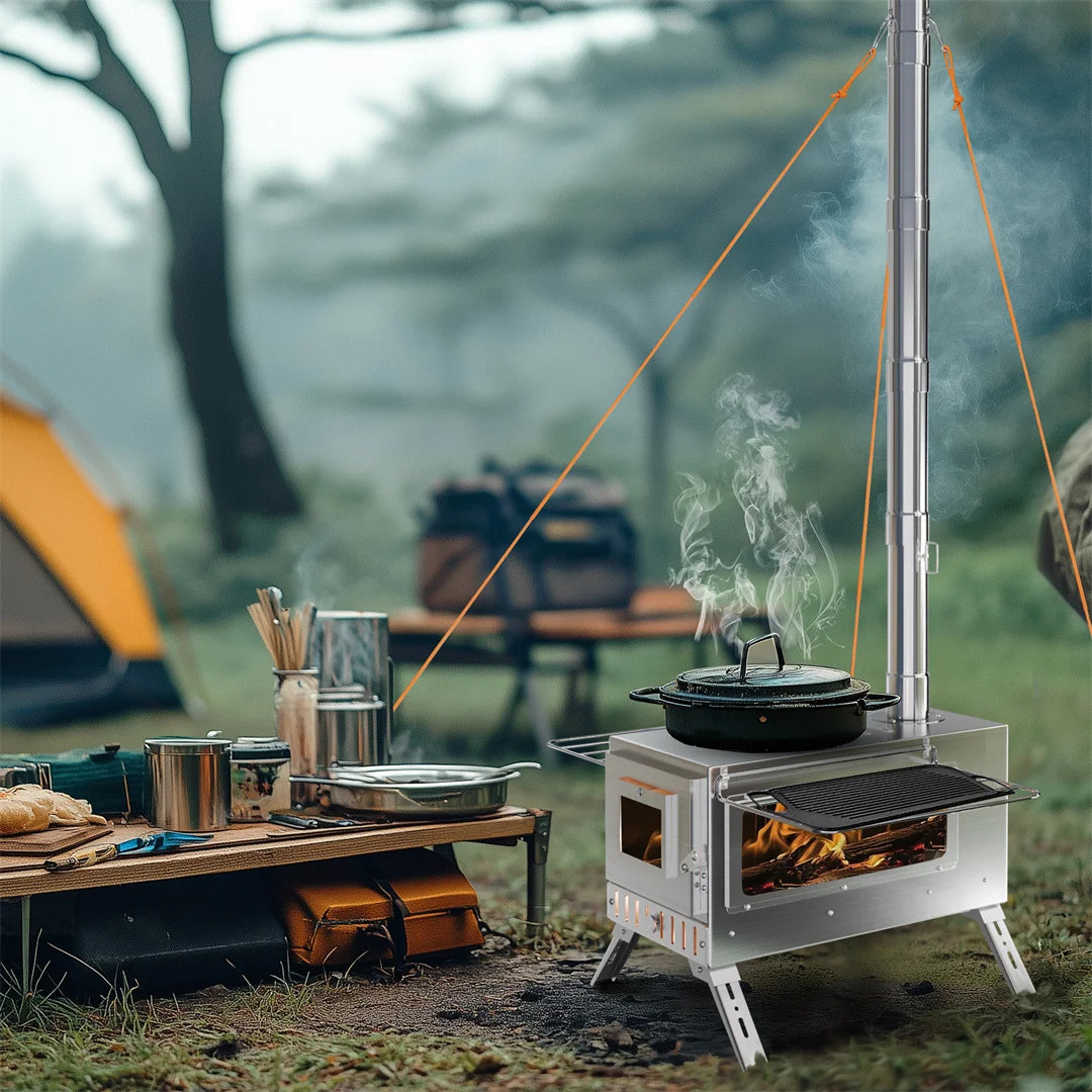 Hot Tent Stove, Wood Burning Stove, Portable Wood Stove with 6 Stainless Steel Chimney Pipes for Outdoor Heating and Cooking