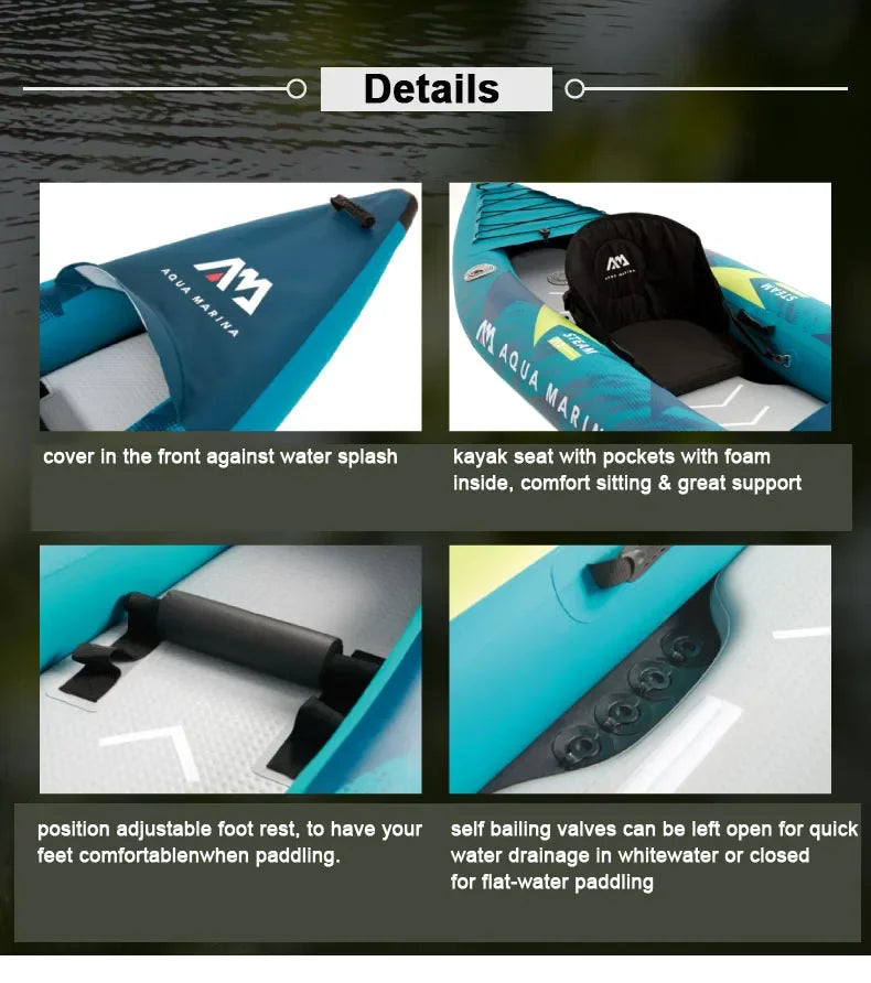 STEAM Aqua Marina Kayak 2025 Upgraded Printing Pattern Reinforced PVC Drop‑Stitch Floor V‑Shape Keel High‑Back Seat Fins and Footrest, Single or Tandem