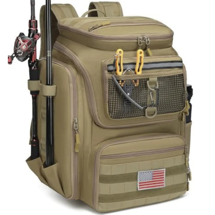 Fishing Backpack 45L Water Resistant Gear Bag with Rod Holders and Large Capacity for Travel and Outdoor Use