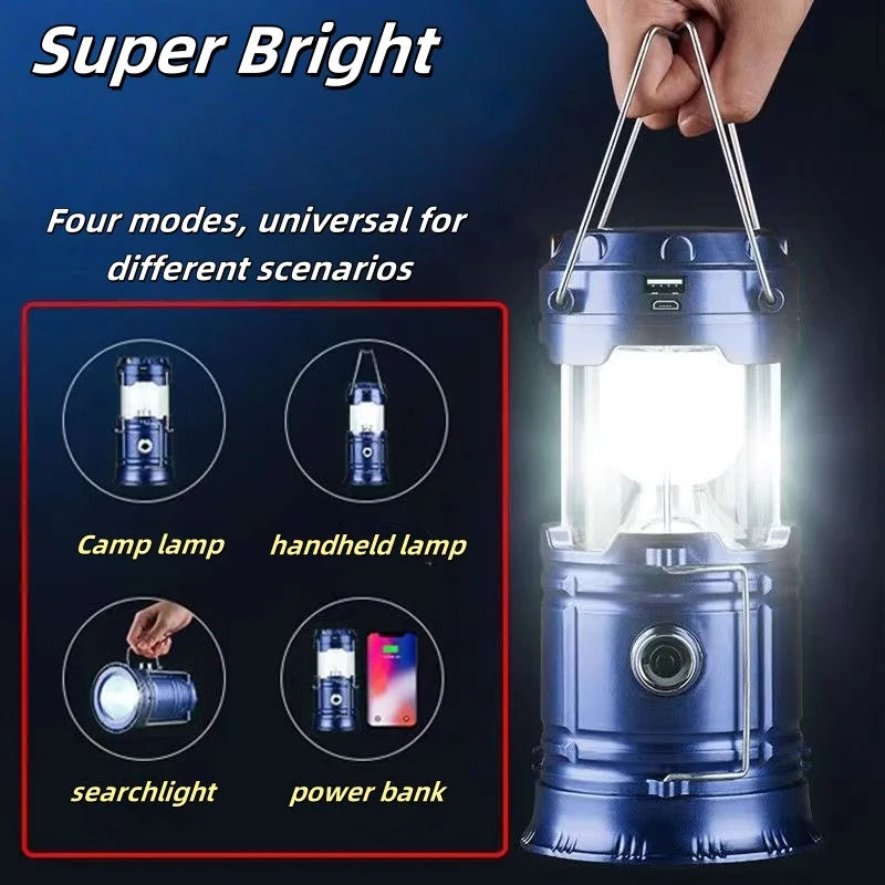 Solar Camping Lamp Portable Telescopic USB Rechargeable Lantern Flashlight Emergency Hanging Lamp Waterproof Outdoor Light