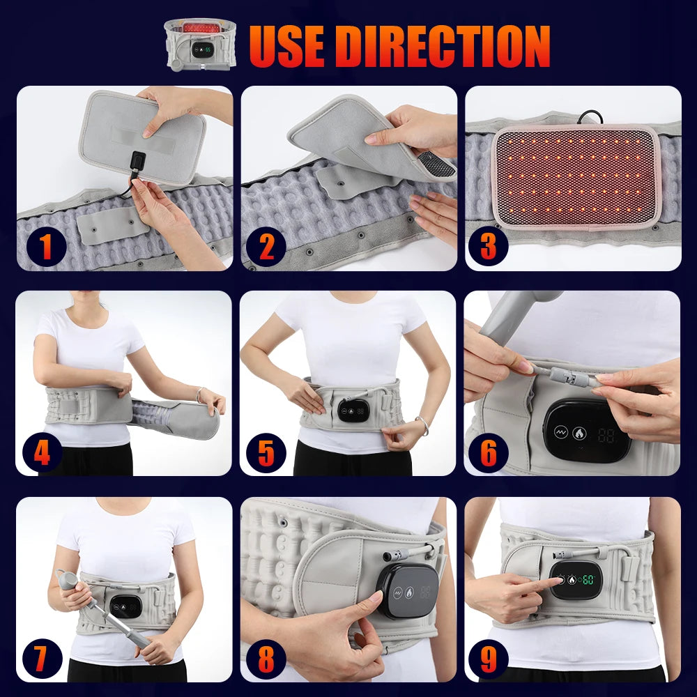 Inflatable Heating Massage Waist Belt Red Light Therapy Lumbar Support with Air Traction 5000mAh Rechargeable Design