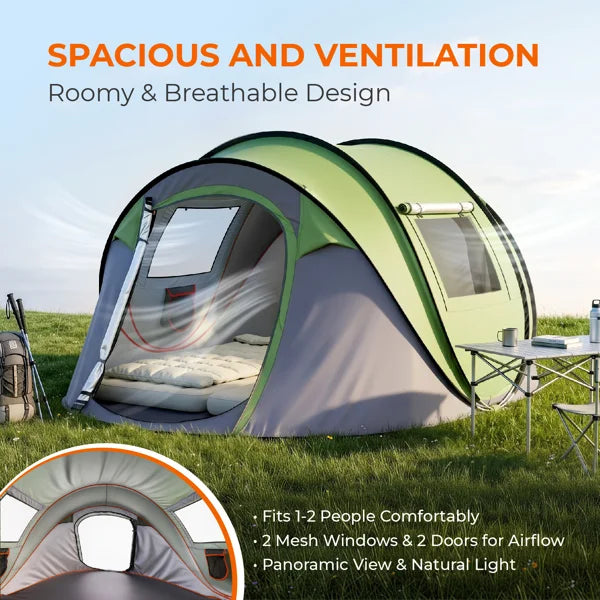 4 Person Pop Up Camping Tent Instant Setup Waterproof Family Tent with Front Awning Automatic Throw Pop Up Tent 280x200x120cm Green Outdoor Hiking Beach Backpacking Tent 3 to 4 People