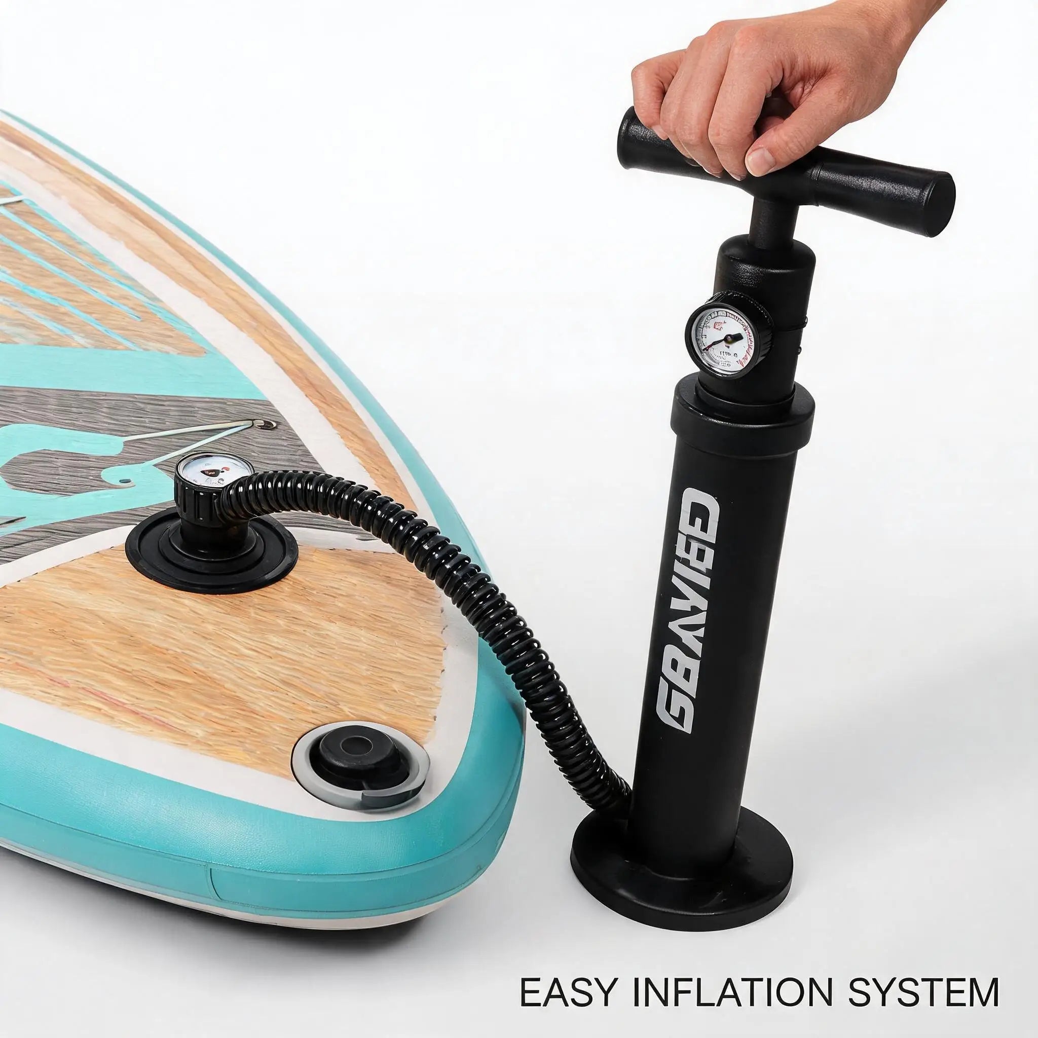 Inflatable Stand Up Paddle Board with Stable Non‑Slip EVA Deck, Gradient Light Wood‑Grain Design, Tri‑Fin System, High Weight Capacity, and Complete Kit with Paddle, Backpack, and Pump