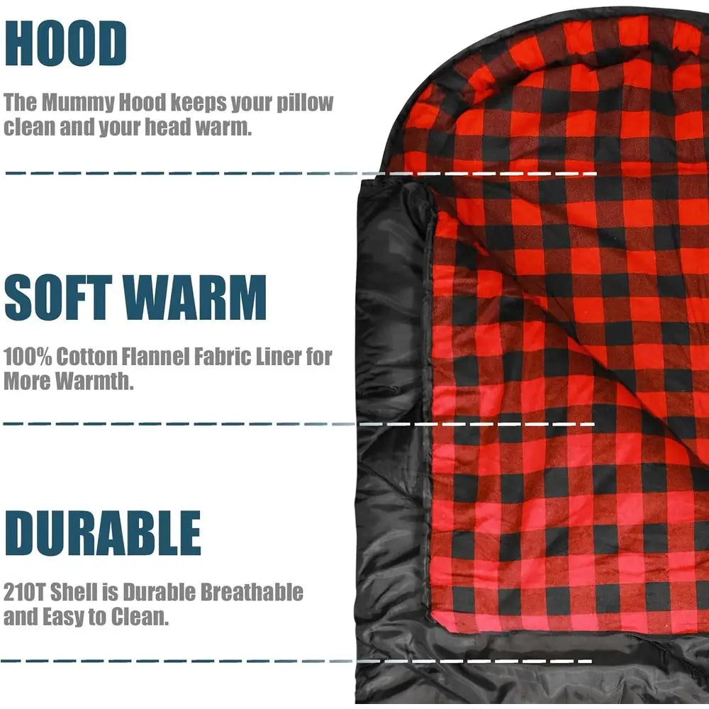 Cotton Flannel 4‑Season XXL Adult Sleeping Bag for Cold‑Weather Camping with Compression Sack