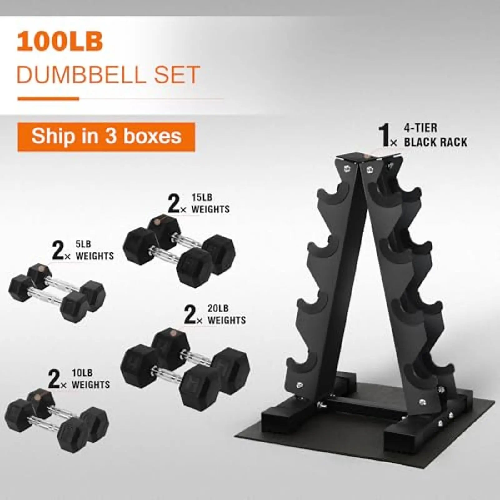 Dumbbell Set with Storage Rack Rubber Coated Hex Hand Weights with Anti Slip Grip for Home Gym Strength Training