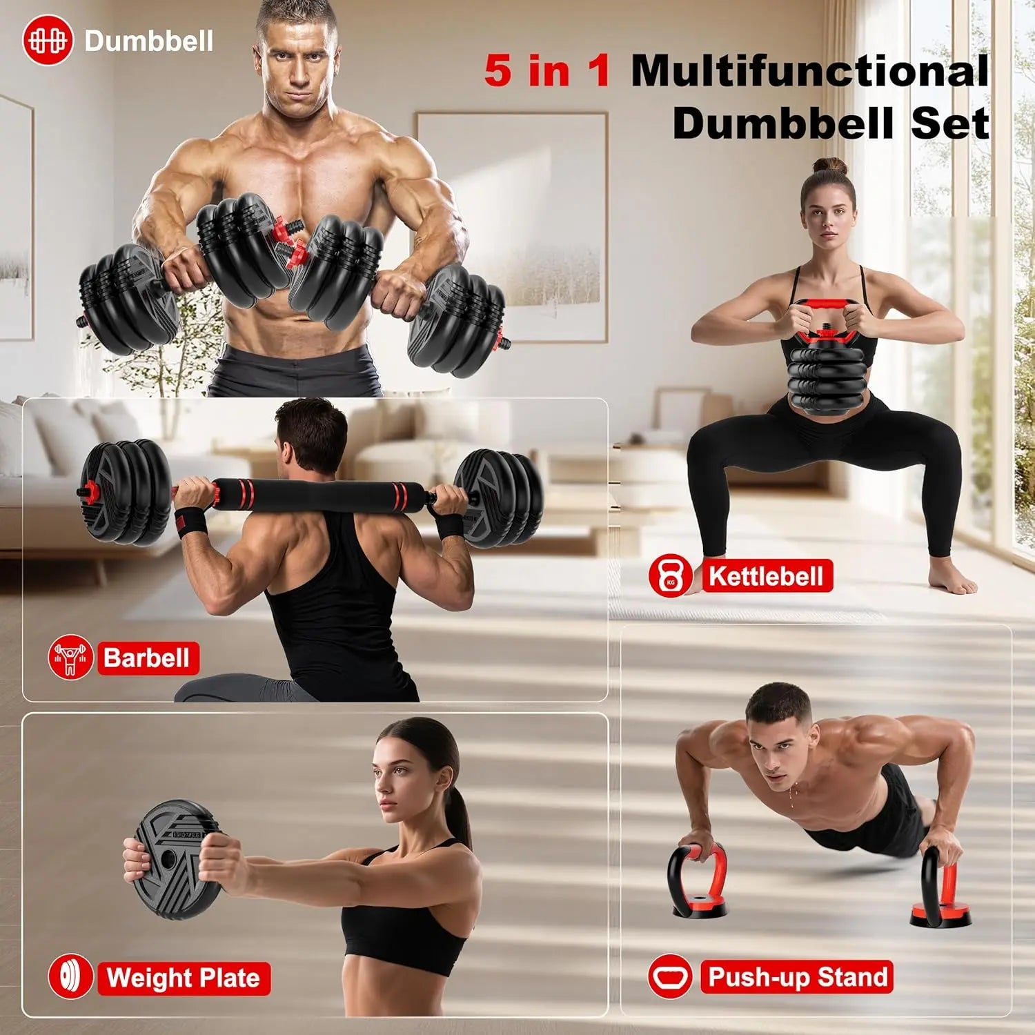 Multi‑Function 5‑in‑1 Adjustable Dumbbell Set — 10–90 lb Weights, Barbell & Kettlebell Conversion for Home Training