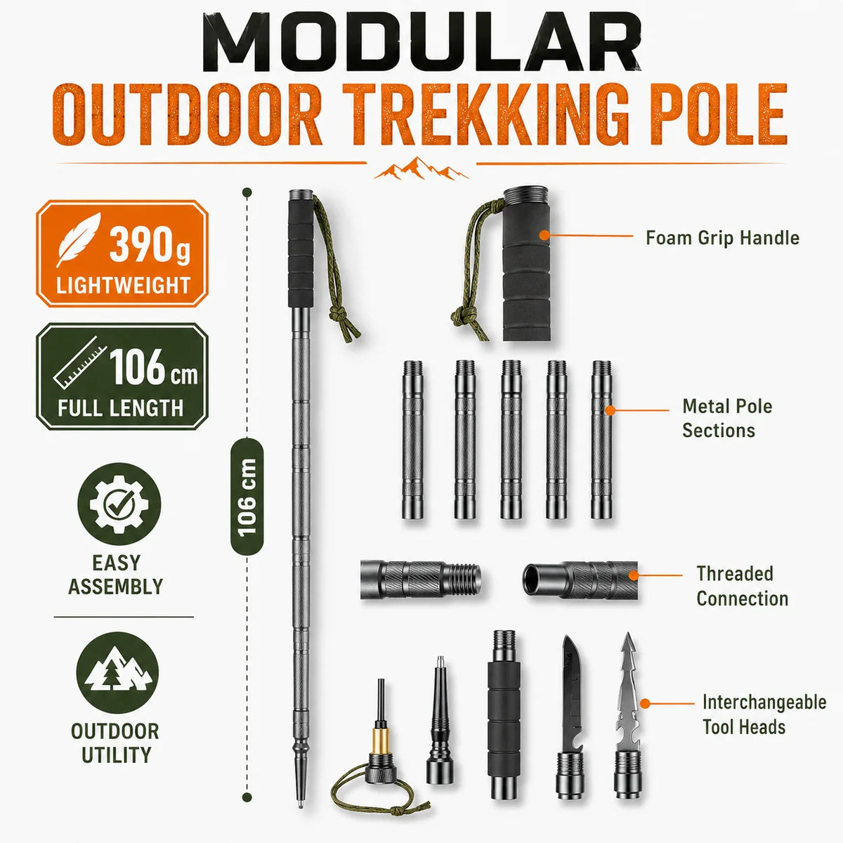 Adjustable 106cm Outdoor Walking Stick Telescopic Lightweight Trekking Pole with Non Slip Comfort Grip for Hiking Camping Travel and Daily Walking