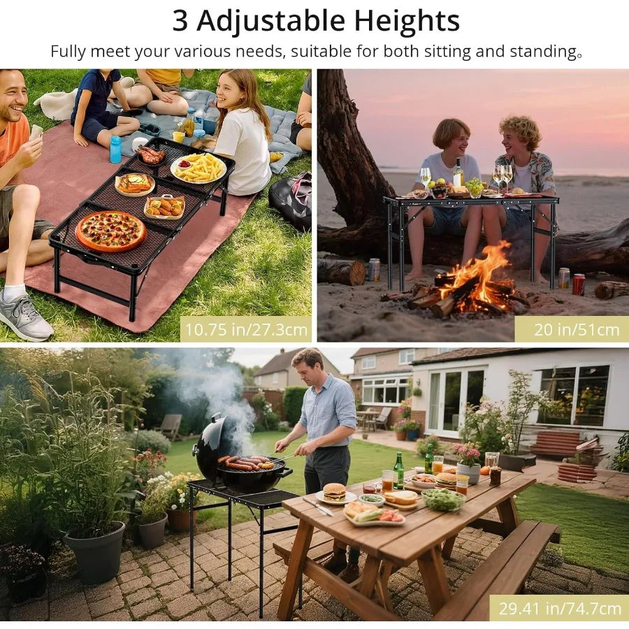3ft Trifold Grill Table with 2 Adjustable Heights up to 29.5 Sturdy Metal Heat Resistant Tabletop and Portable Carry Handle