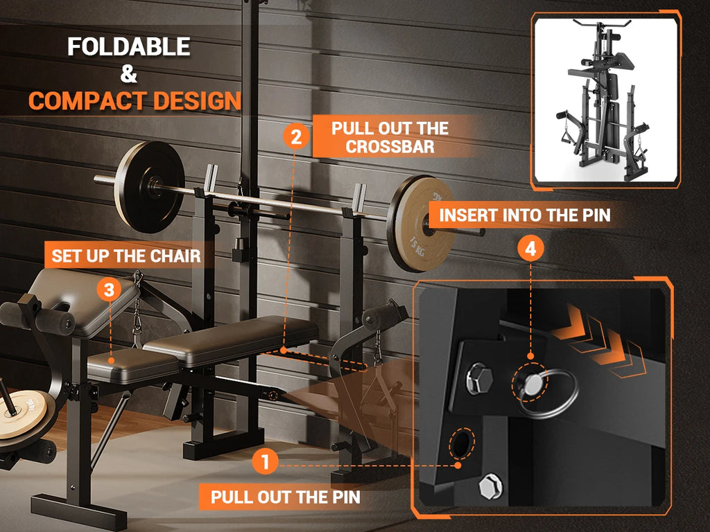 Adjustable 4 in 1 Weight Bench Set with Leg Developer Barbell Rack Butterfly Arm Preacher Foldable Workout Bench for Home Gym