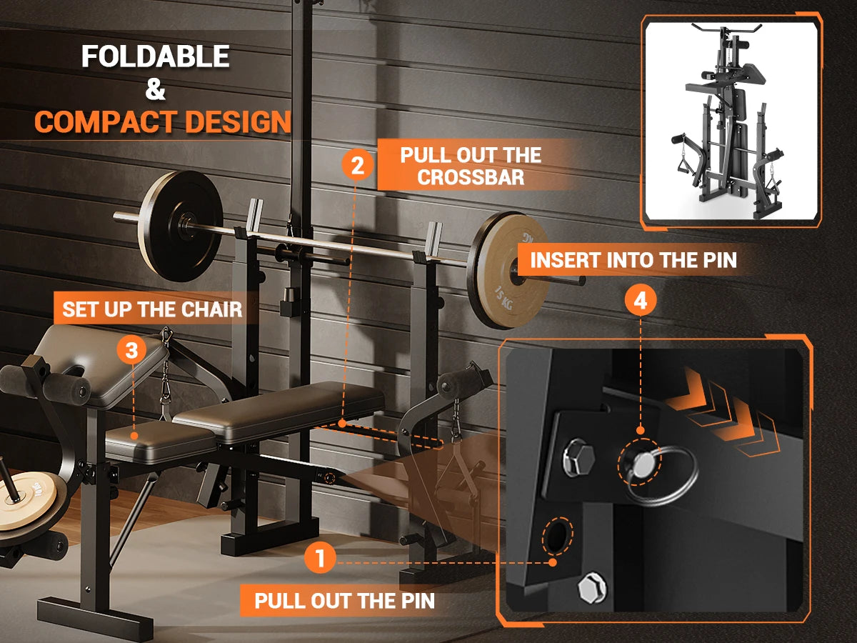 Adjustable 4 in 1 Weight Bench Set with Leg Developer Barbell Rack Butterfly Arm Preacher Foldable Workout Bench for Home Gym