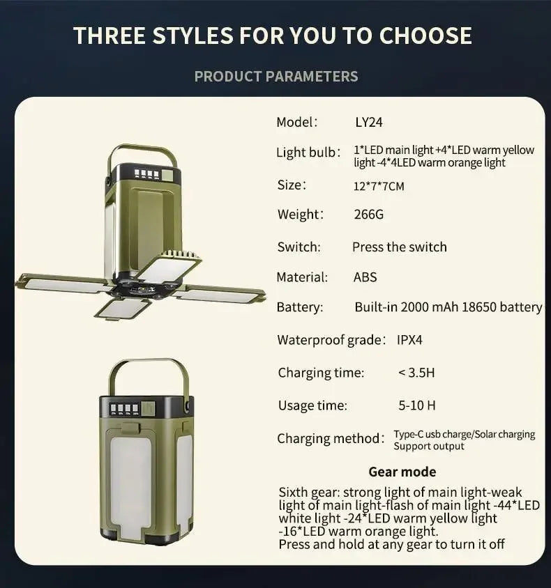 Camping Light Lightweight Handheld Torch 5 Lighting Modes Rechargeable Tent Lamp for Patio Climbing with 8 Light Filaments