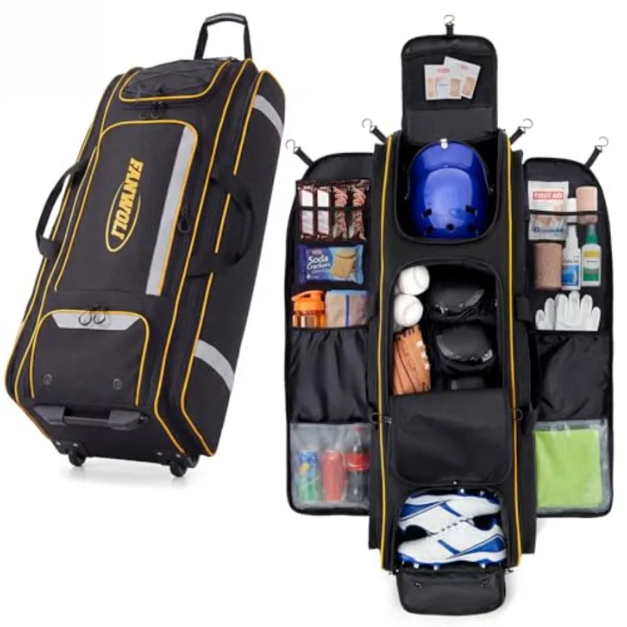 100L Rolling Baseball Catchers Gear Bag Large Softball Equipment Duffle with Wheels Locker Style Organizer with 5 Fence Hooks