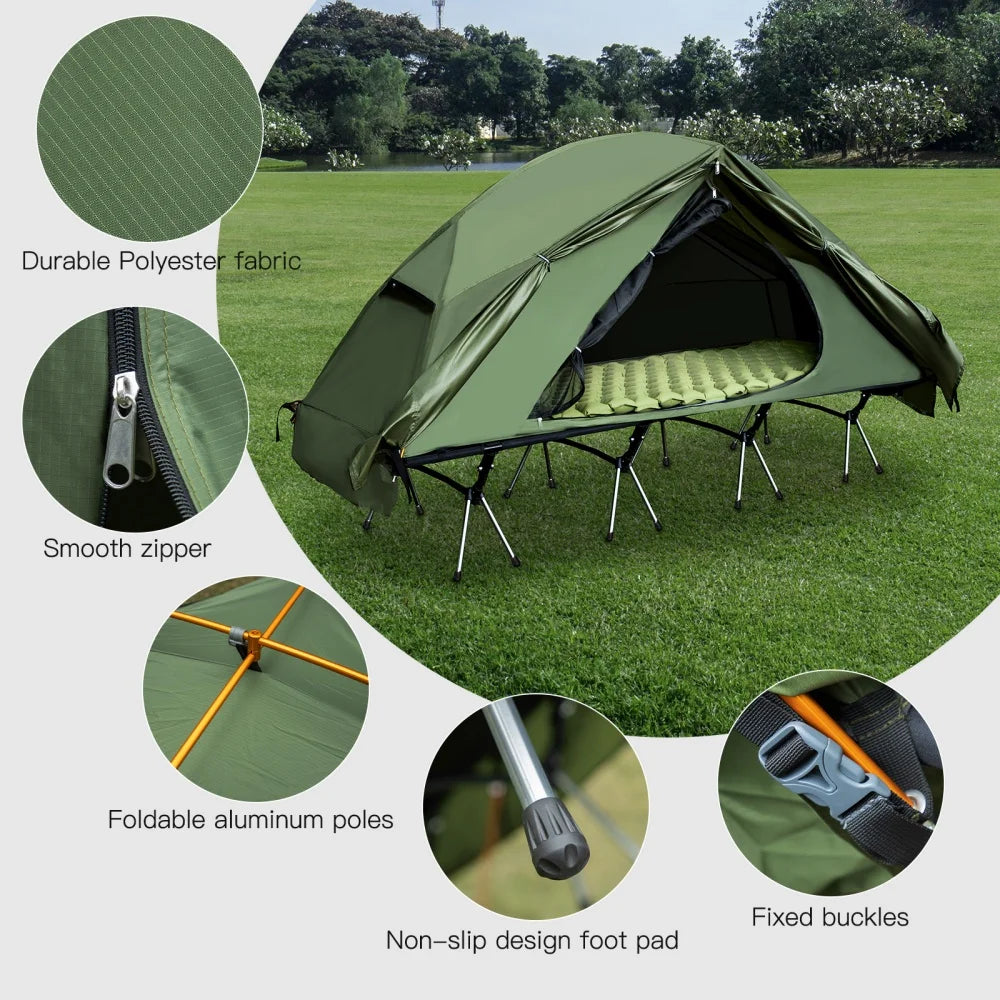 Elevated Camping Cot Tent with 16 Legs Heavy Duty Off Ground Tent for 1 Person Rainfly Quick Setup for Fishing Hunting Beach