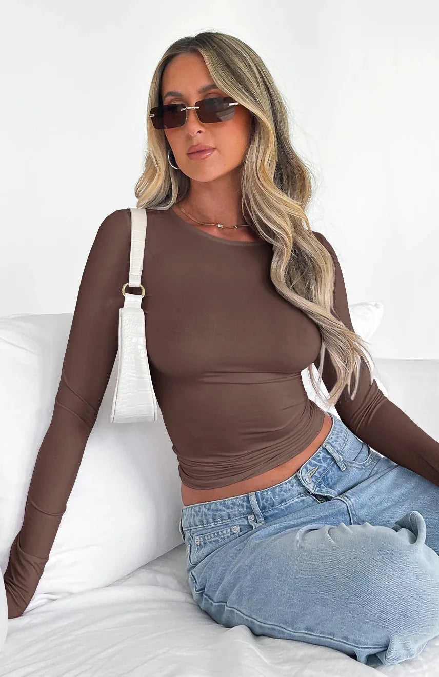 Womens Casual Sports Long Sleeve T Shirt Slim Fit Solid Color Top for Spring and Autumn