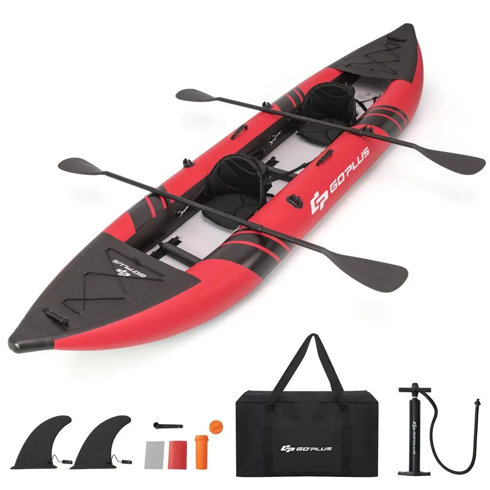Tandem Inflatable Kayak 12.5FT 2‑Person Kayak for Adults 507 lbs Capacity with Aluminium Oars Padded Seat 2 Fins and Hand Pump