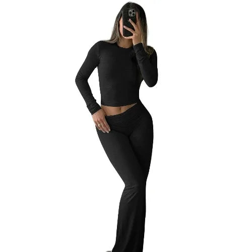 Autumn New Round Neck Short Fit Long Sleeve T Shirt Mildly Spicy Pants Casual Sports Yoga Two Piece Set Women’s Fashion