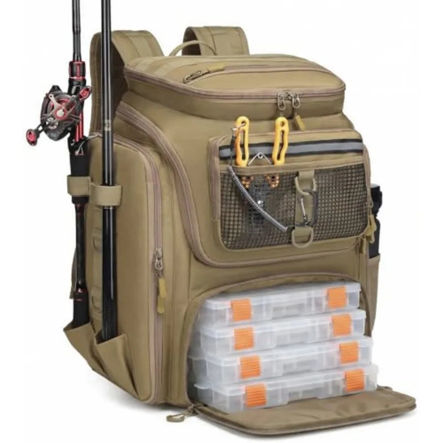 Fishing Backpack 45L Water Resistant Gear Bag with Rod Holders and Large Capacity for Travel and Outdoor Use
