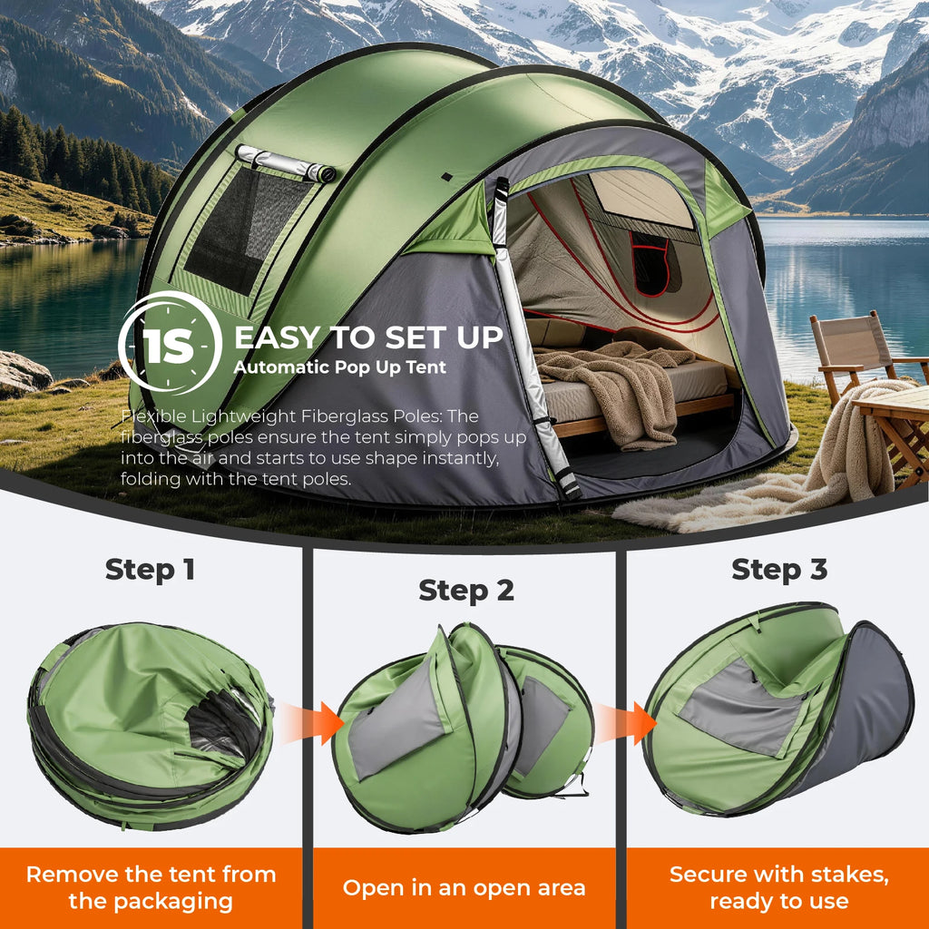 4 Person Pop Up Camping Tent Instant Setup Waterproof Family Tent with Front Awning Automatic Throw Pop Up Tent 280x200x120cm Green Outdoor Hiking Beach Backpacking Tent 3 to 4 People