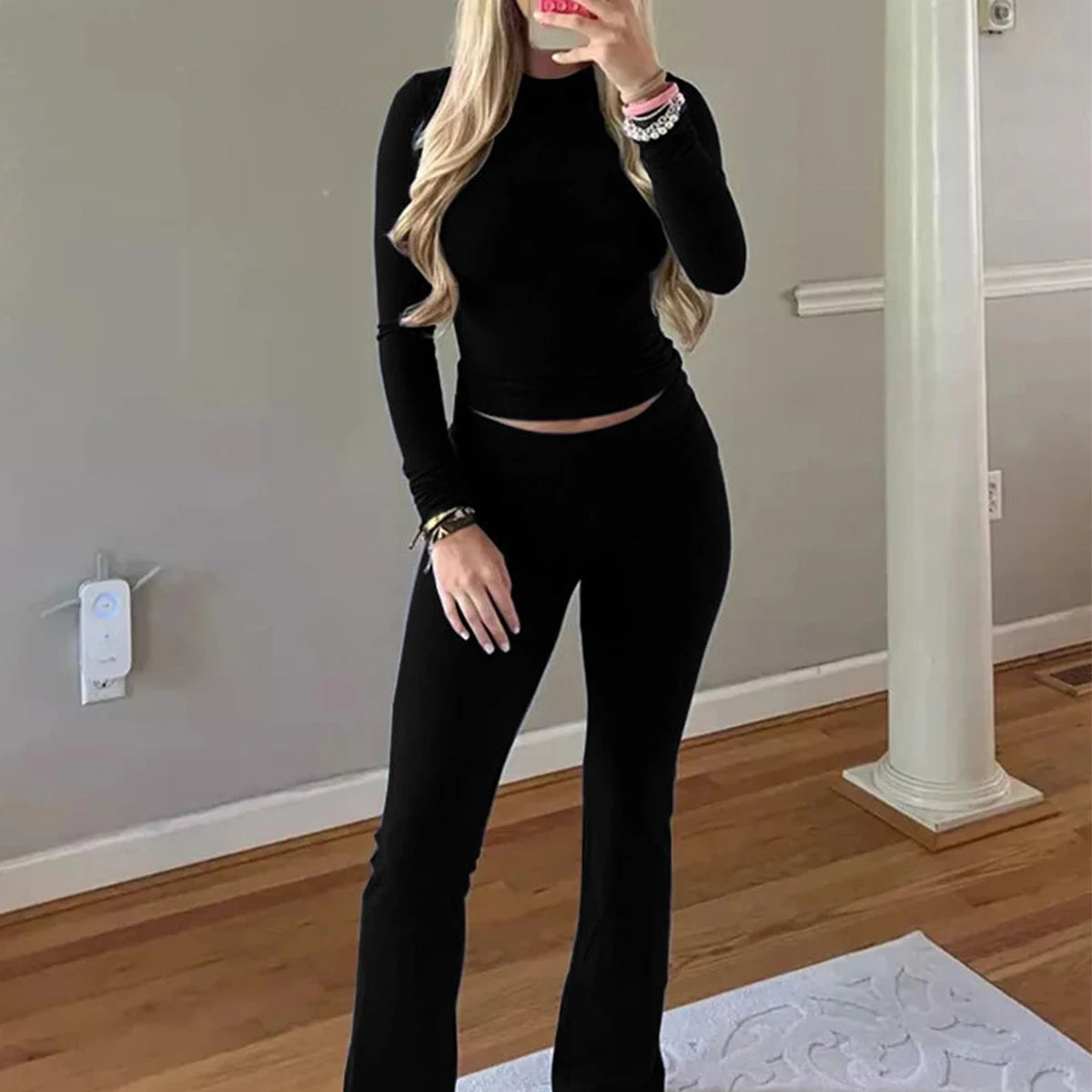 Women’s 2 Piece Lounge Set Fold Over Flare Pants and Cropped Top Slim Fit Casual Pajama Outfit
