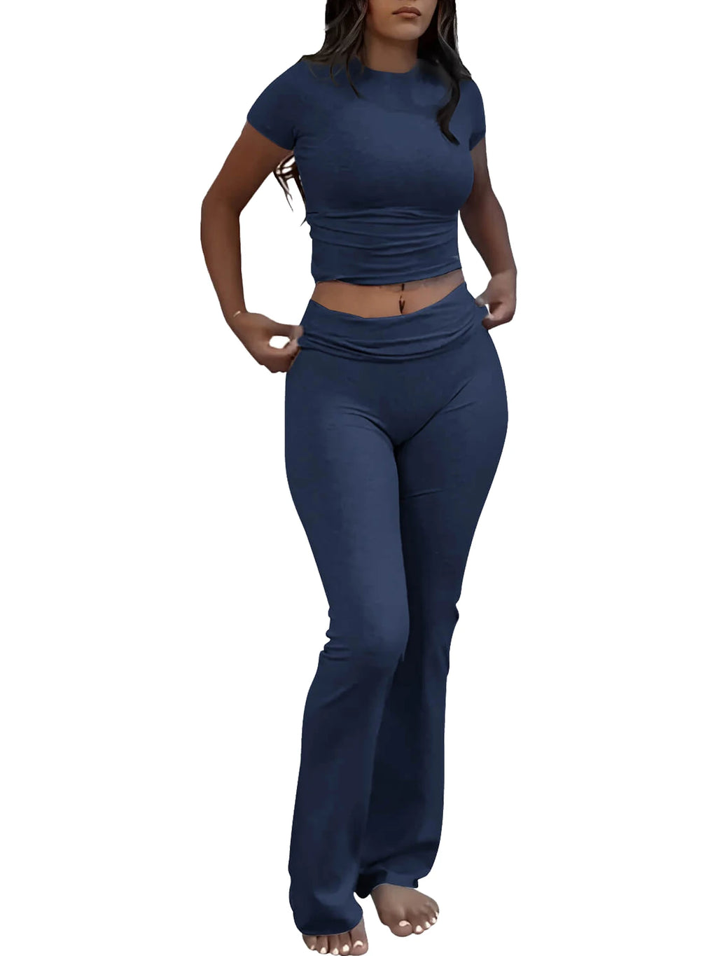 Womens Two-Piece Yoga Set, Short-Sleeved Top, Flared Pants