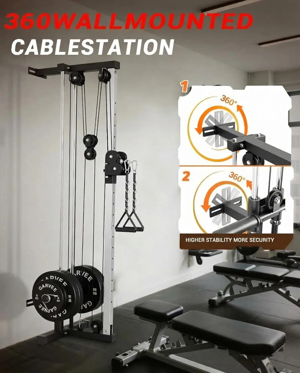 Wall Mount Cable Station Dual Pulley Cable Crossover Machine LAT Pulldown Bar and Foot Board for Home Gym Strength Training