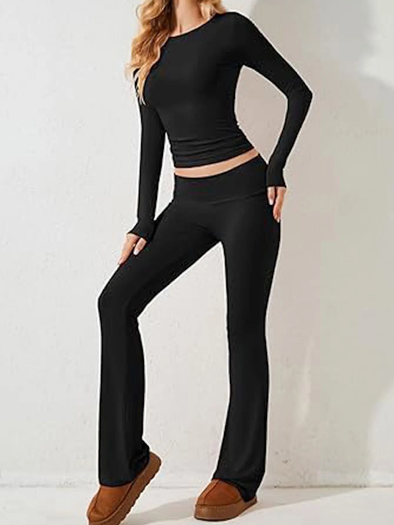 Women’s Casual Long Sleeve Knitted Pants Set Pure Color Slim Fit Spring Summer Fashionable Commute Style Ladies Suit