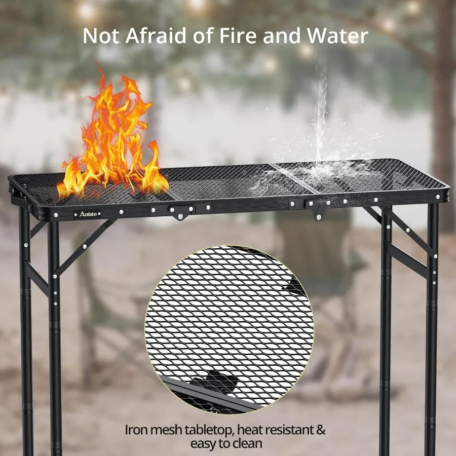 3ft Trifold Grill Table with 2 Adjustable Heights up to 29.5 Sturdy Metal Heat Resistant Tabletop and Portable Carry Handle