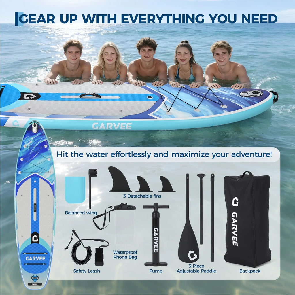 Extra Wide Stable Inflatable Stand Up Paddle Board for Adults and Youth, Ultra‑Light PVC with Non‑Slip EVA Deck, 450 lb Capacity, Adjustable Paddle, High‑Pressure Pump, and Backpack